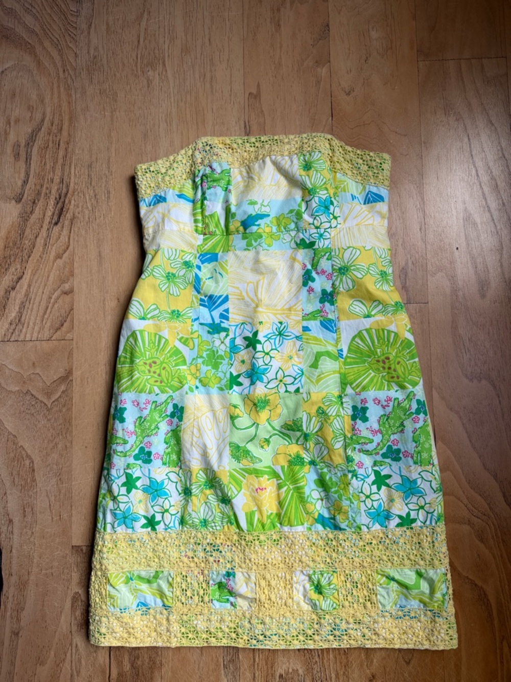 Lilly Pulitzer Strapless Patchwork Floral Dress in Yellow & Green